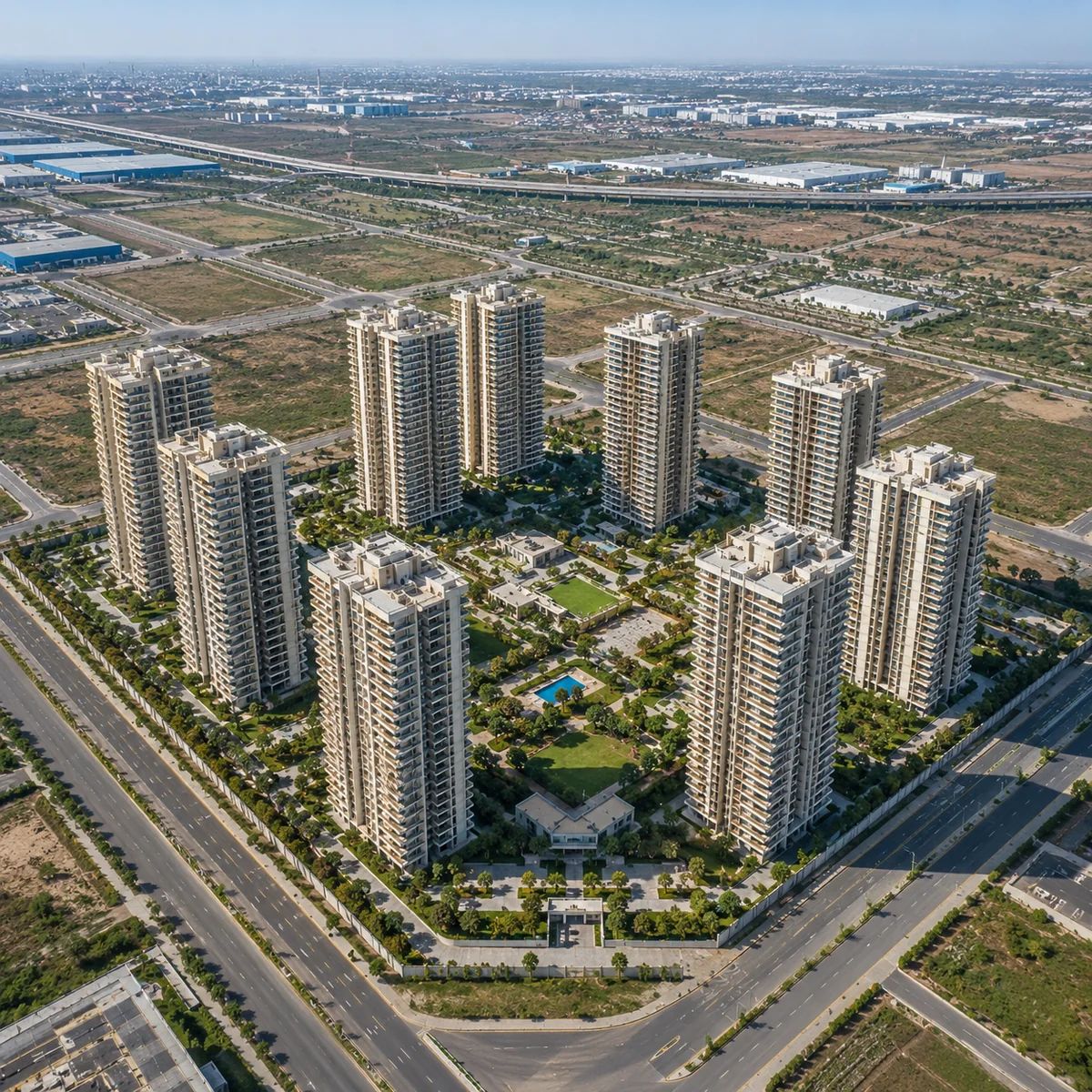 Aerial view of the nine Prestige Parklane towers around the central park, the opening frame of the project walkthrough