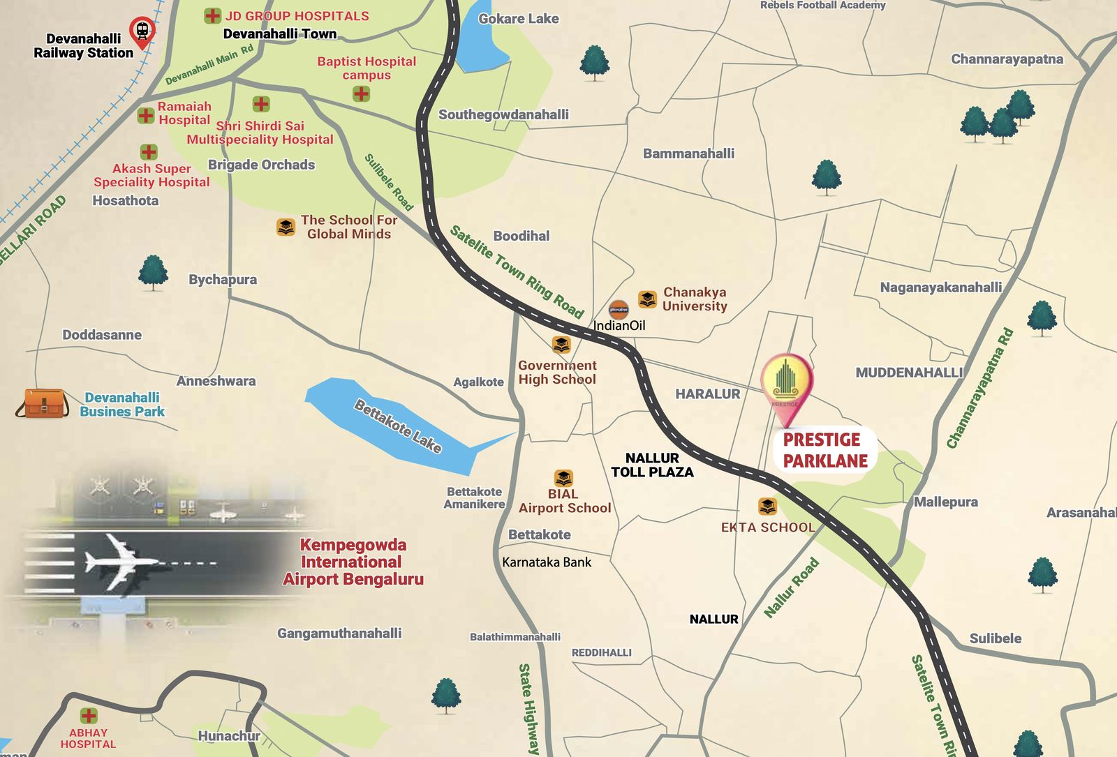 Prestige Parklane location map showing the Satellite Town Ring Road, Devanahalli and Kempegowda International Airport