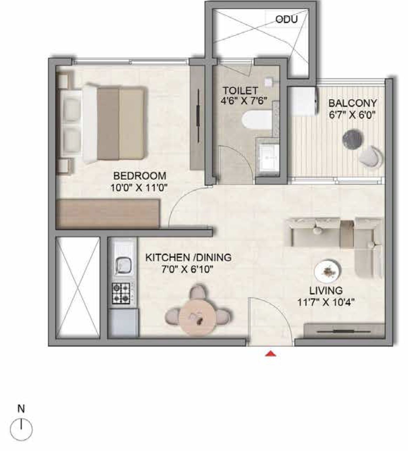 Prestige Parklane 1 BHK floor plan, Type A1, 567 sq ft