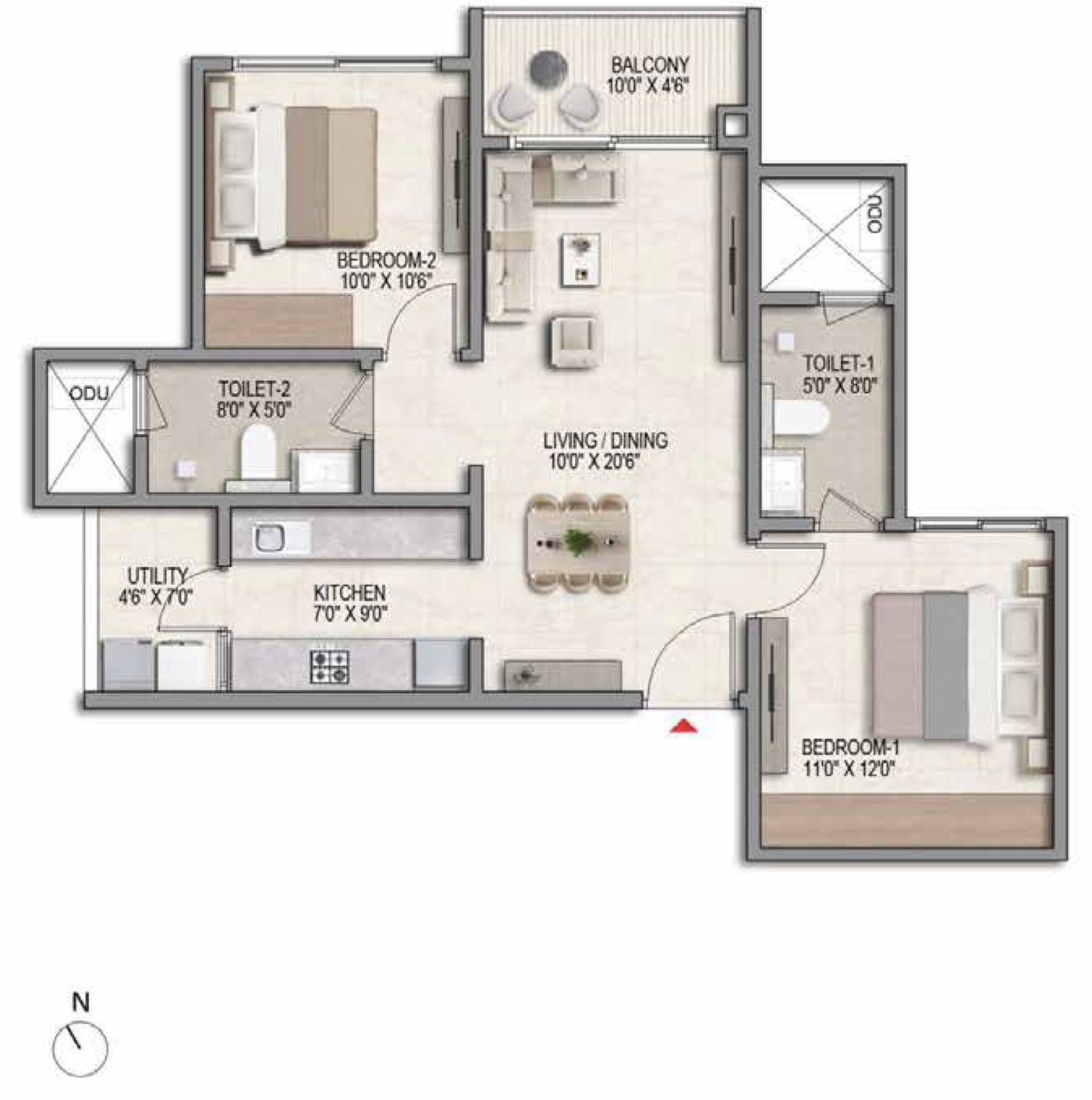Prestige Parklane 2 BHK Large floor plan, Type C1, 1,087 sq ft