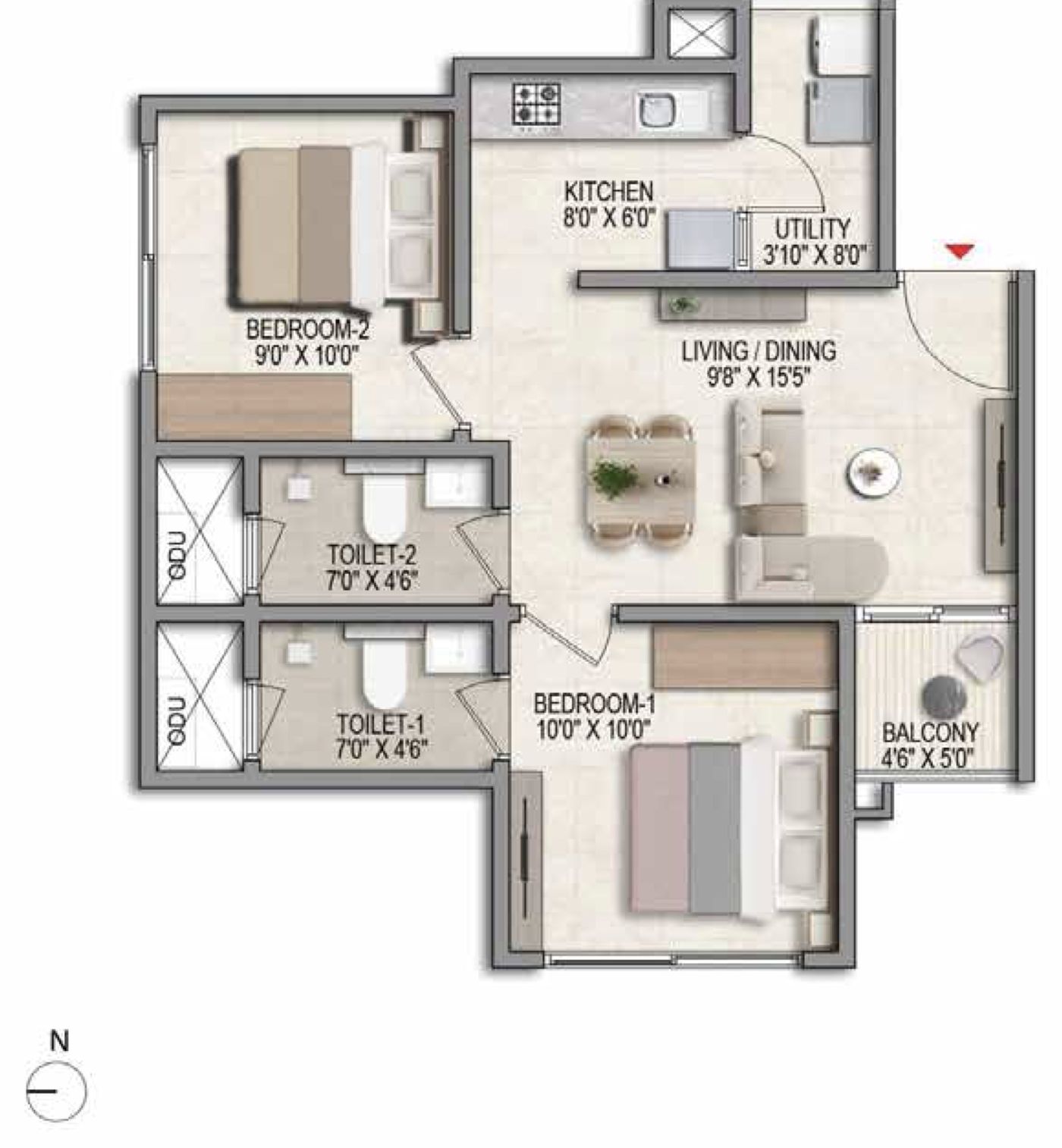 Prestige Parklane 2 BHK floor plan, Type B1, 828 sq ft