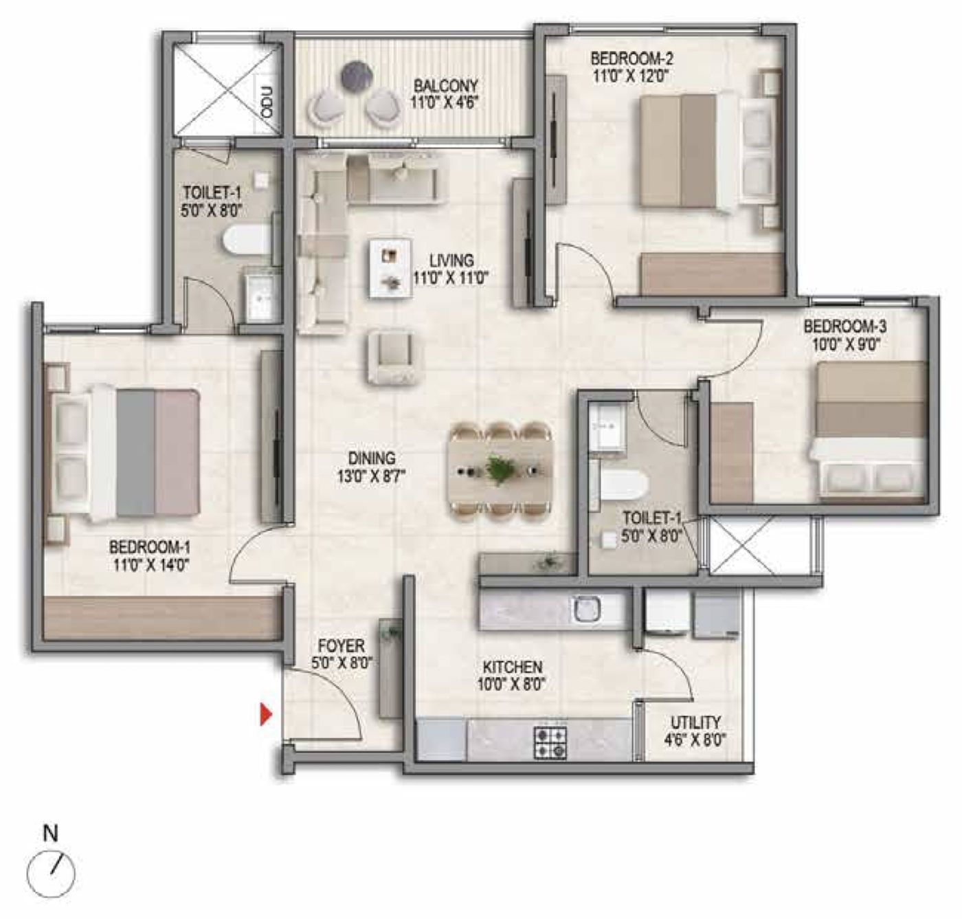 Prestige Parklane 3 BHK 2T floor plan, Type D1, 1,445 sq ft