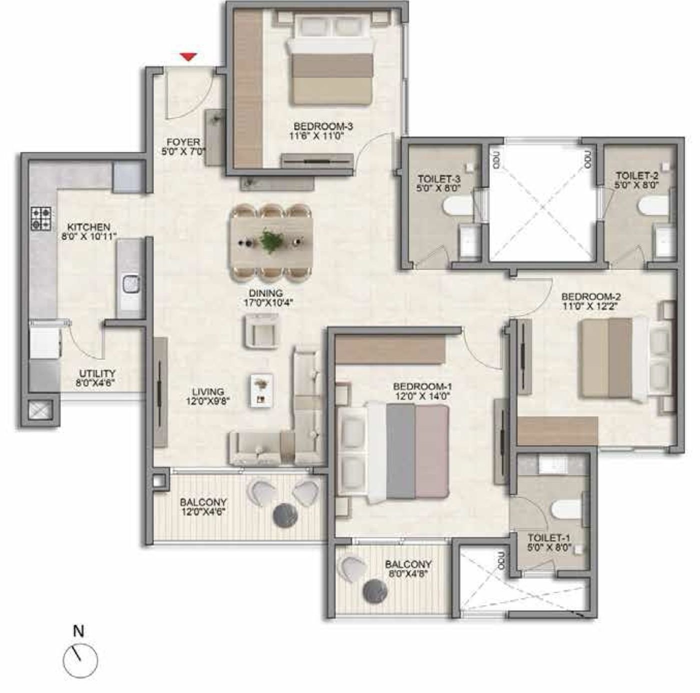 Prestige Parklane 3 BHK 3T Large floor plan, Type F1, 1,757 sq ft