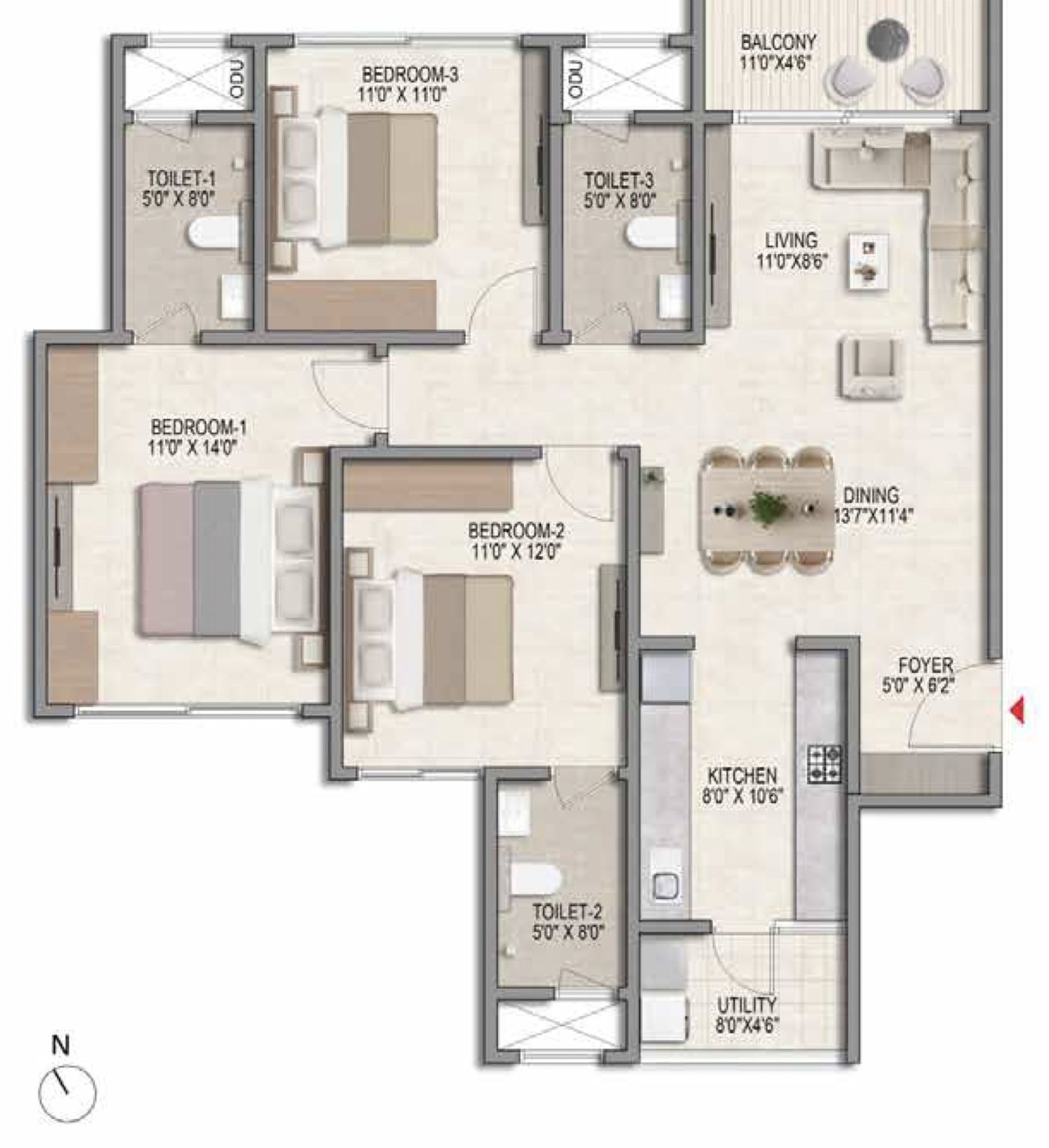 Prestige Parklane 3 BHK 3T floor plan, Type E1, 1,597 sq ft