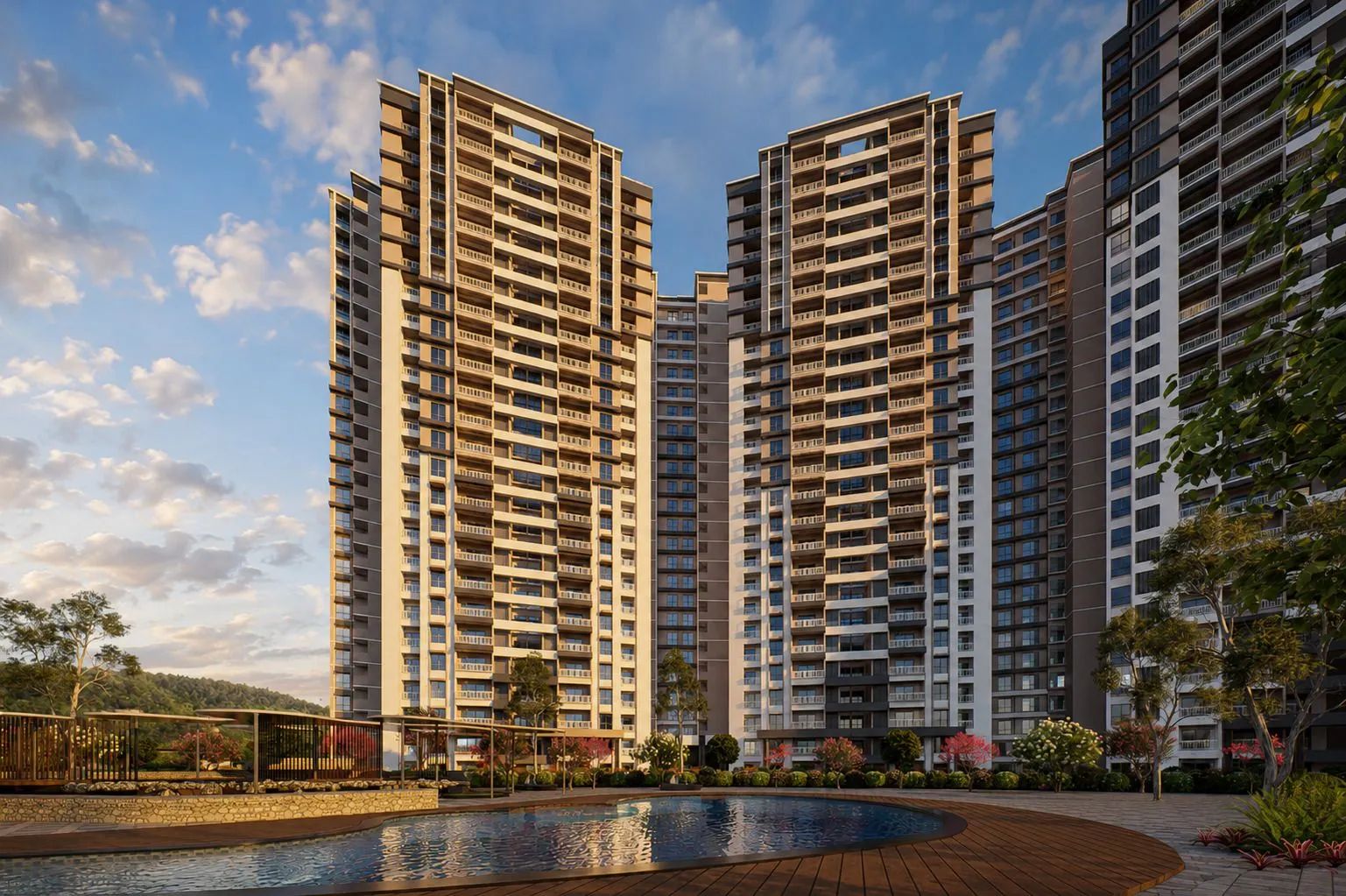 Prestige Parklane towers and pool at dusk
