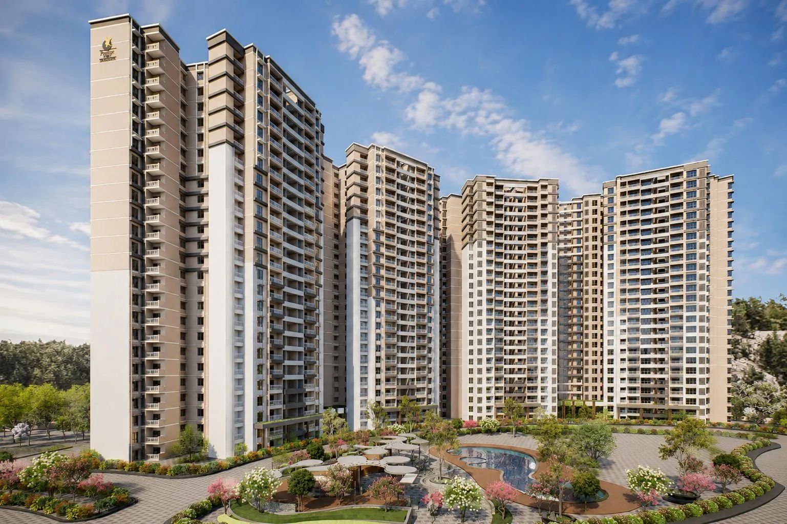 Prestige Parklane towers seen from the central garden